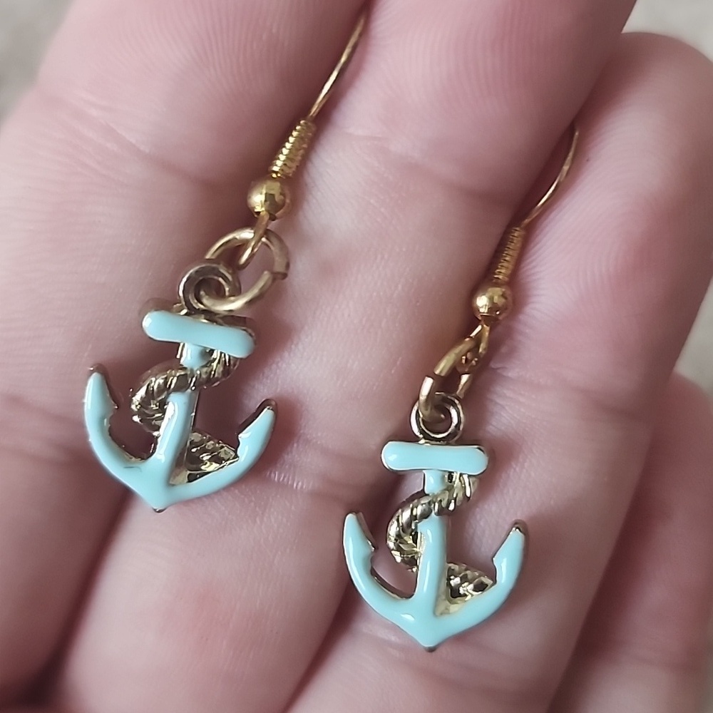 Gold and Blue Anchor Earrings
